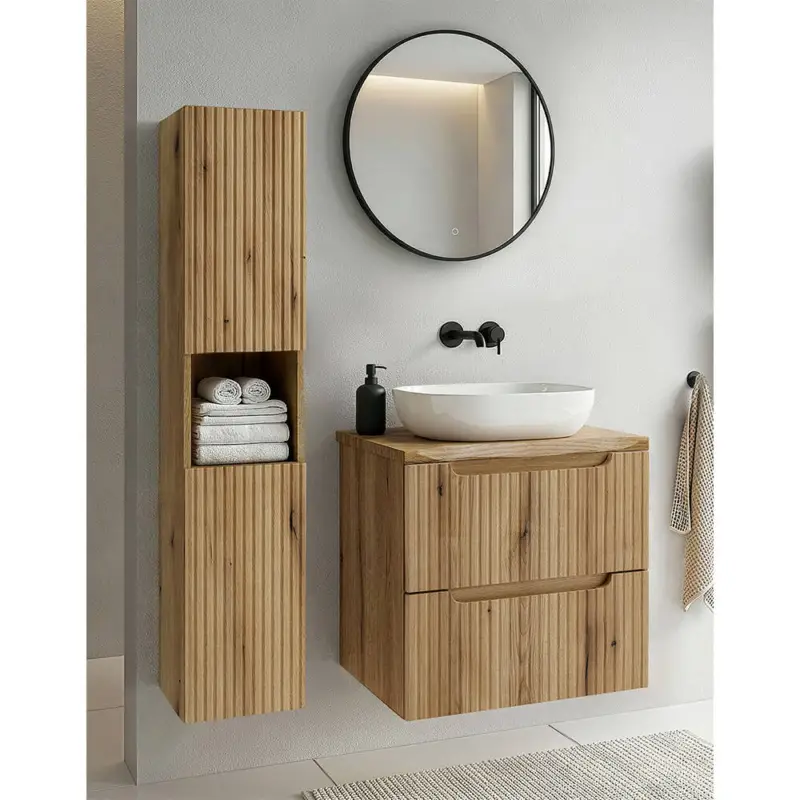 Neuheit Badmöbel-Set 3-teilig mit LED-Spiegel & 60 cm Waschtisch in Eiche, gerillte Front, Baumkantenoptik - NEWPORT-56-EVOKE