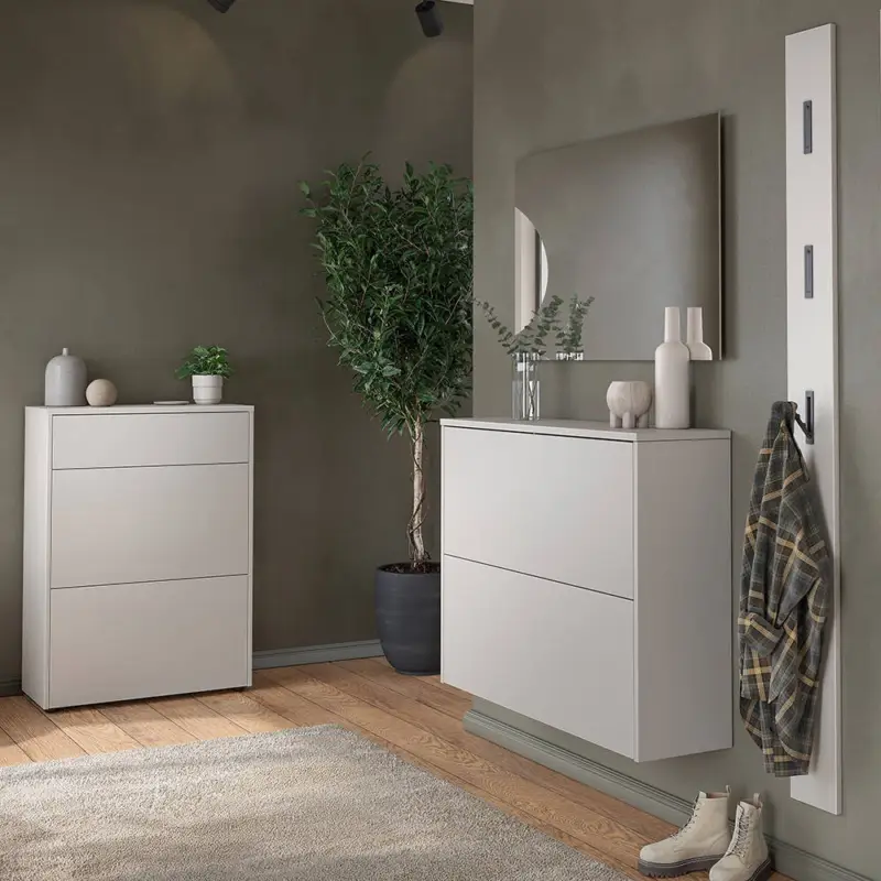 Abverkauf Garderoben-Set mit Spiegel & Garderobenpaneel in beige und Eiche, 4-teilig - BAIANO-01