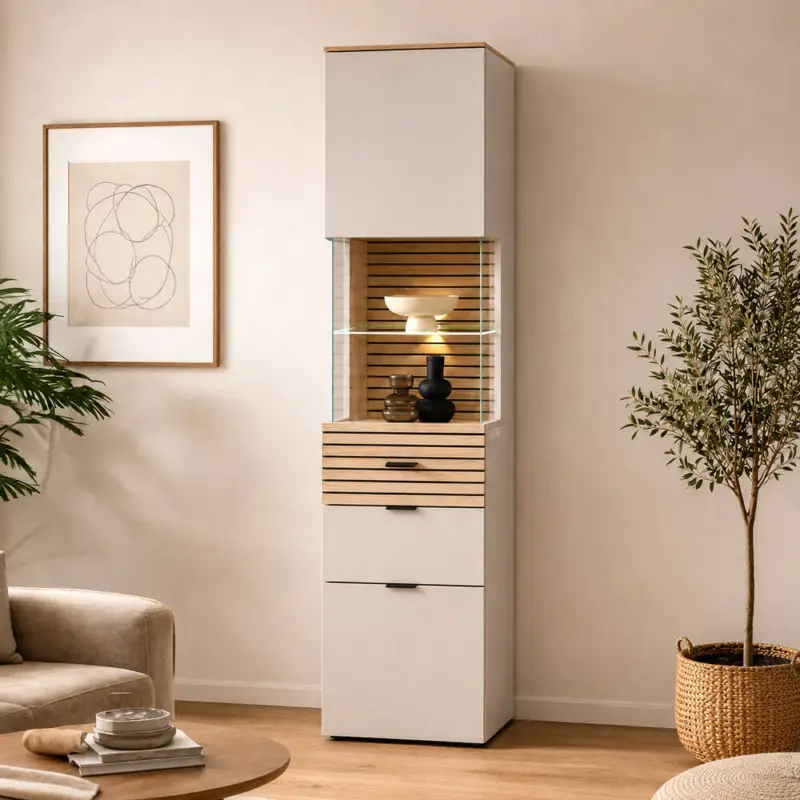 Wohnzimmer Vitrine mit LED Beleuchtung, 45 cm breit, in Kaschmir Beige mit Eiche, 2 Türen & 1 Schublade, Softclose, Lamellenoptik - ISCHIA-36 Nur Für Kurze Zeit