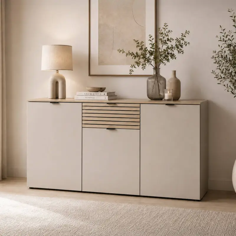 Abverkauf Wohnzimmer Sideboard, 180 cm breit, in Kaschmir Beige mit Eiche, 3-türig, 1 Schublade, Softclose, Lamellenoptik - ISCHIA-36