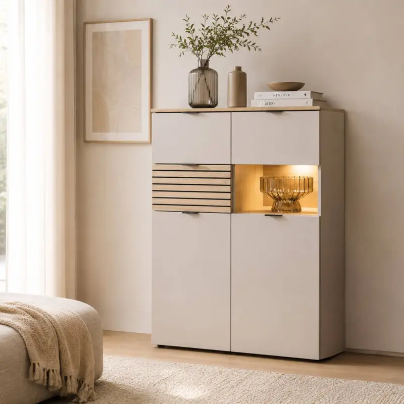 Abverkauf Wohnzimmer Highboard mit LED Beleuchtung, 84 cm breit, in Kaschmir Beige mit Eiche, 3 Schubladen & 2 Türen, Softclose, Lamellenoptik - ISCHIA-36
