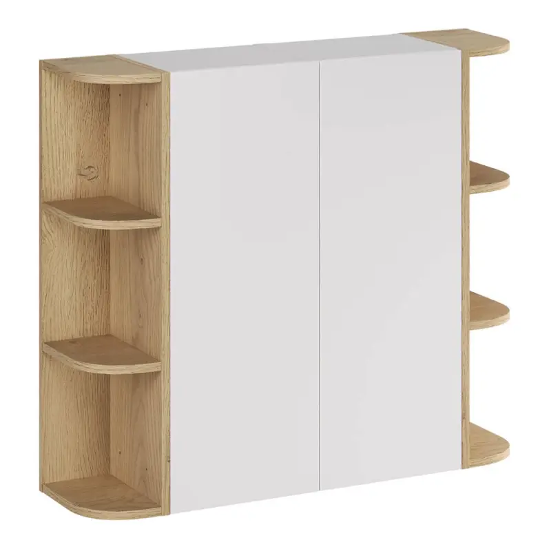 Ausverkauf Badezimmer Hängeschrank mit 90 cm Breite in Weiß matt und Eiche, 2 Türen & 6 offene Fächer - ALASSIO-56