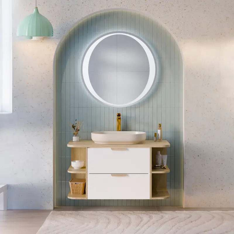 Badezimmer Set in Weiß matt mit Eiche, inkl. Spiegel & 2 Waschbecken - ALASSIO-56 Geprüft