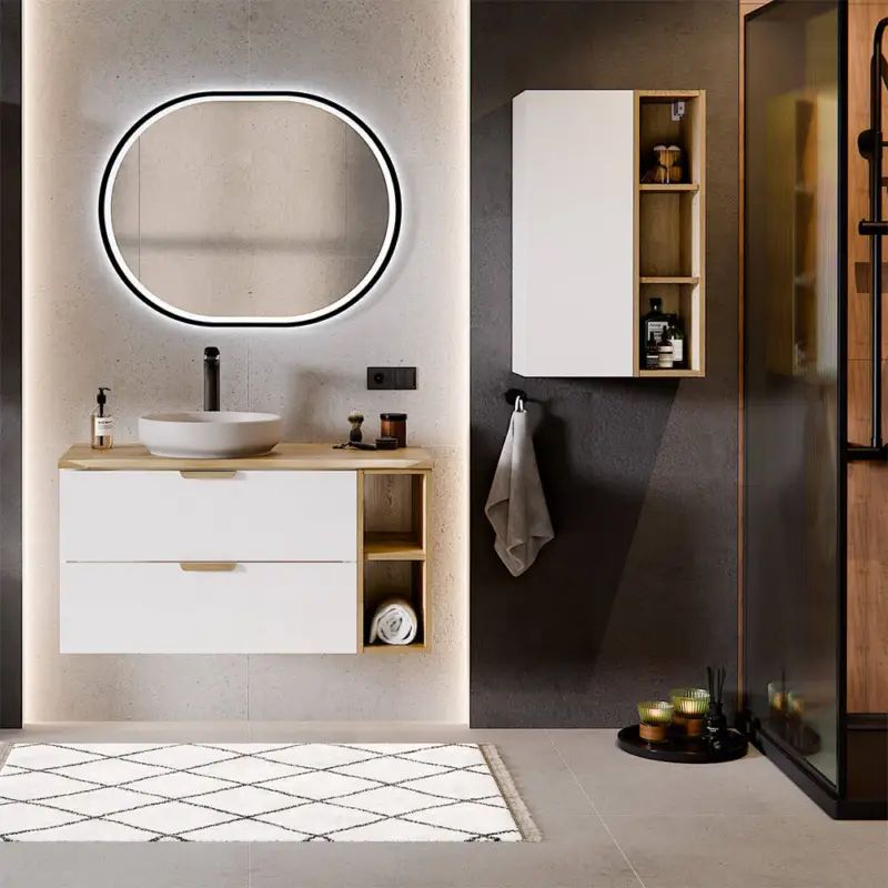 Saisonangebot Badezimmer Set in Weiß matt mit Eiche, inkl. Spiegel & Waschbecken - ALASSIO-56