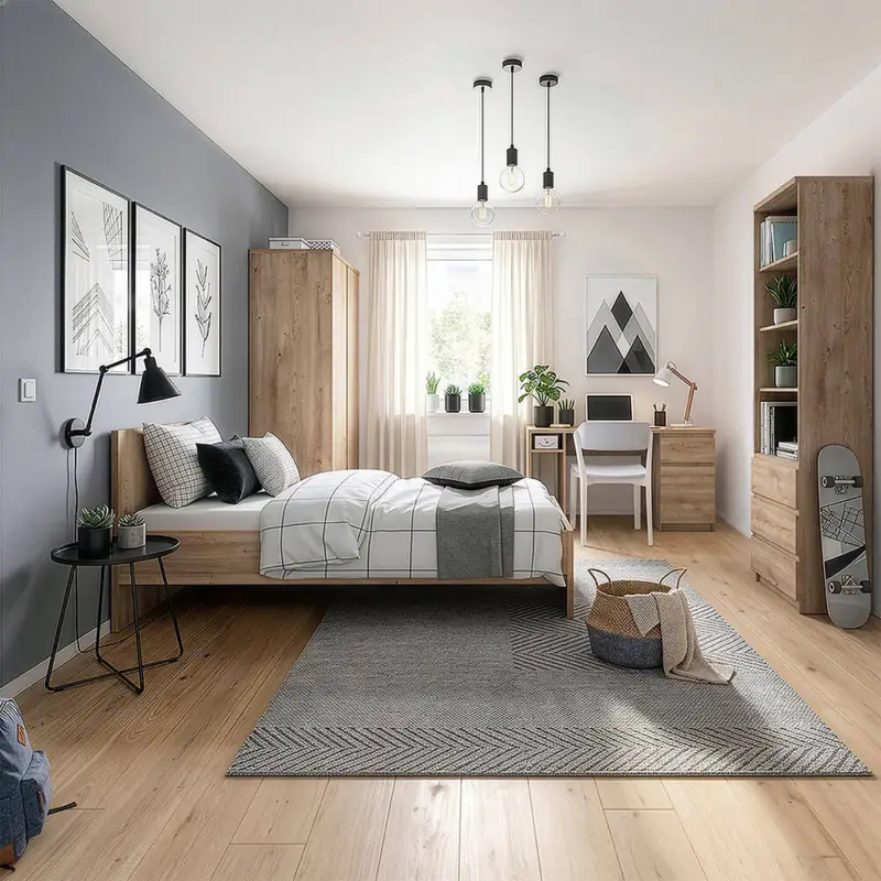 Jugendzimmer-Set mit Bett 120x200 cm & Schreibtisch in Eiche, modern, 4-teilig - FORTALEZA-129 Markenprodukt