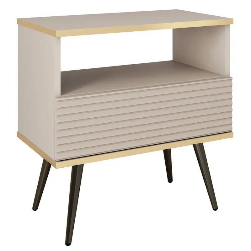 Markenprodukt Schlafzimmer Nachttisch mit 54 cm Breite in Beige, Rillenfront & schwarzen Füßen - OLOVO-160