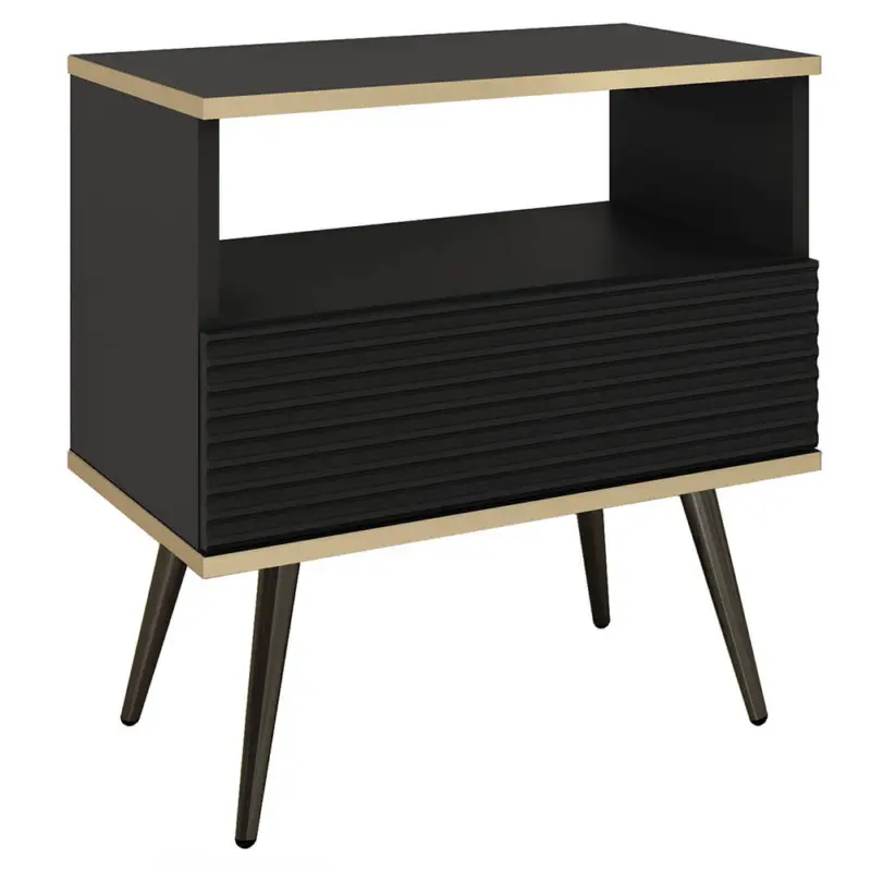 Schlafzimmer Nachttisch mit 54 cm Breite in Schwarz, Rillenfront & schwarzen Füßen - OLOVO-160 Garantierte Lieferung