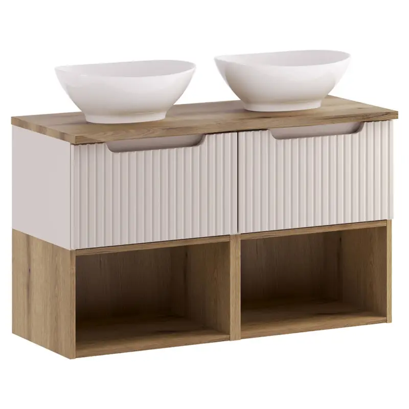 Abverkauf Badezimmer Doppelwaschtisch mit 100 cm Breite in kaschmir & Eiche, gerillte Front, geringe Tiefe - NEWPORT-56-CASHMERE