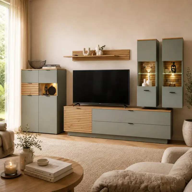 Abverkauf Wohnwand in Grün mit Eiche, inkl. Beleuchtung, Highboard & 2 Lowboards & 2 Vitrinen & Wandboard, 6-teilig -ISCHIA-36