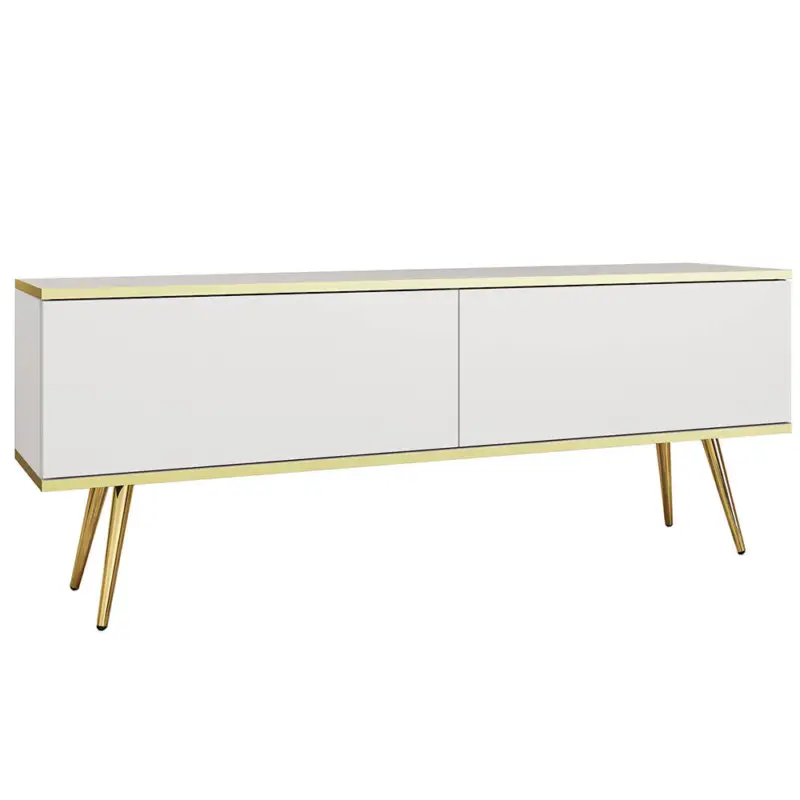 Wohnzimmer Lowboard mit 135 cm Breite in Weiß, 2 Klappen & goldfarbenen Füßen - OLOVO-160 Knallerangebot
