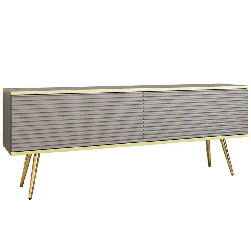Abverkauf Wohnzimmer Lowboard mit 135 cm Breite in Grau, Rillenfront & goldfarbenen Füßen - OLOVO-160