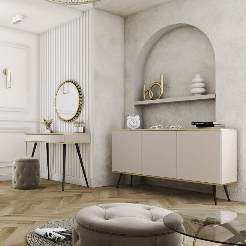 Sofort Bestellen Wohnmöbel Set 2-teilig mit Sideboard & Schminktisch in Beige, Metallbeine Schwarz - OLOVO-160