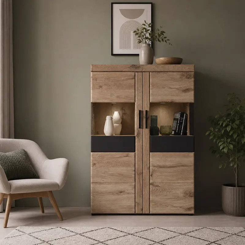 Abverkauf Wohnzimmer Highboard Vitrine 102 cm breit in Eiche mit Grau, inkl. Beleuchtung - GRAHAM-129