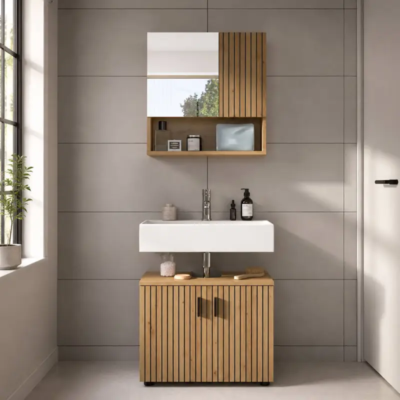 Zertifiziert Badmöbel-Set 2-teilig mit 60 cm Waschbeckenunterschrank in Eiche, gerillte Fronten, modern - MACKAY-158