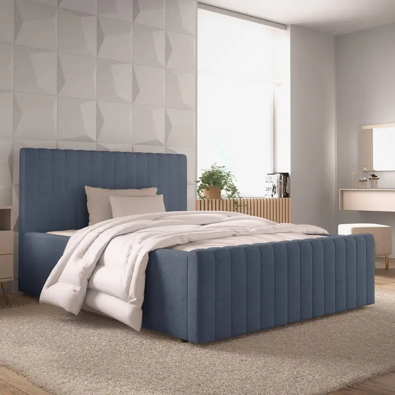Polsterbett 140x200 in Dunkelblau, modernes Design & edle Steppung, mit Lattenrost und Bettkasten - BERNALDA-166 Top-Preis