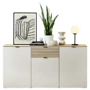 Sonderaktion SideboardIna 180 x 90 x 45 cm Cashmere supermatt/Absetzung Riva-Eiche-Dekor, Leistenoptik Riva-Eiche-Dekor gefräst
