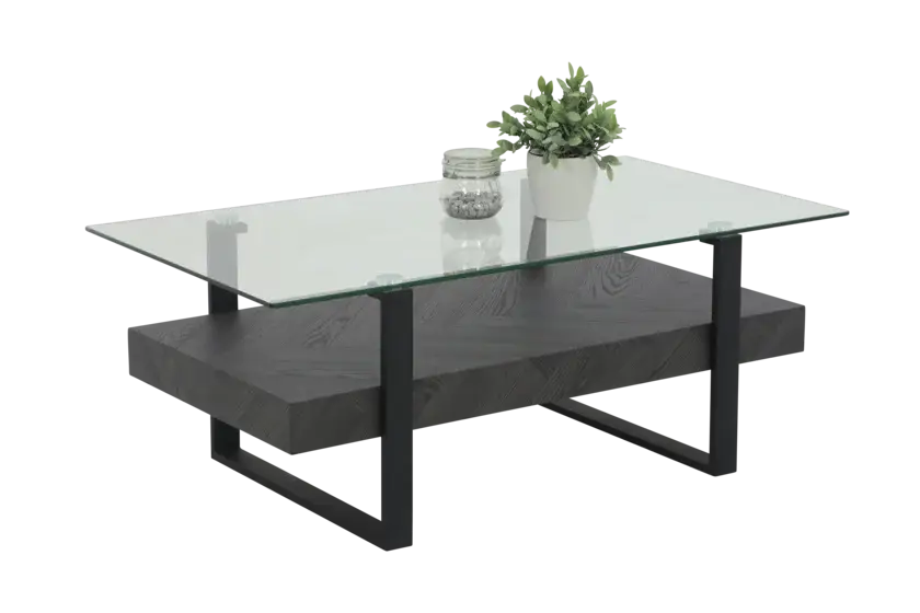 Must-Have Couchtisch Konrad 110 x 60 cm Dekor Ablage Fischgrät-Optik dunkelgrau/Glas-Tischplatte/Metallgestell schwarz