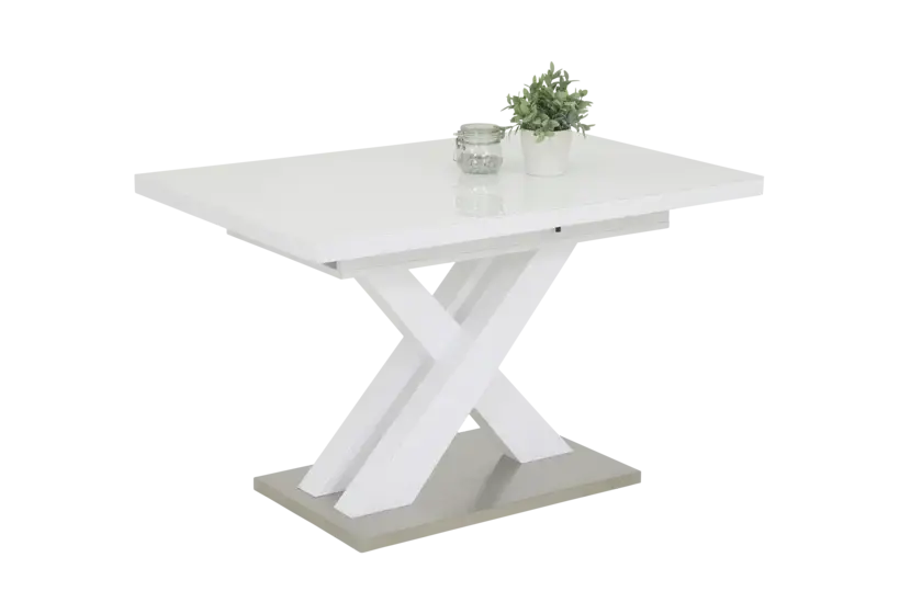 Preisknaller Esstisch Elvira 120 (160) x 80 x 75 cm Glasplatte weiß Hochglanz/Edelstahl silberfarbig gebürstet