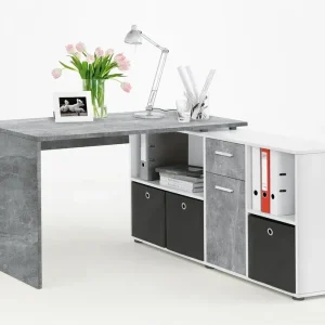 Markenware Winkelschreibtisch Beton/Weiß Nachbildung