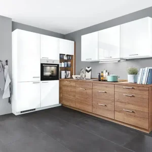 Mega-Angebot Winkelküche Eiche Havanna Nachbildung / Alpinweiß Hochglanz 185 + 305 cm